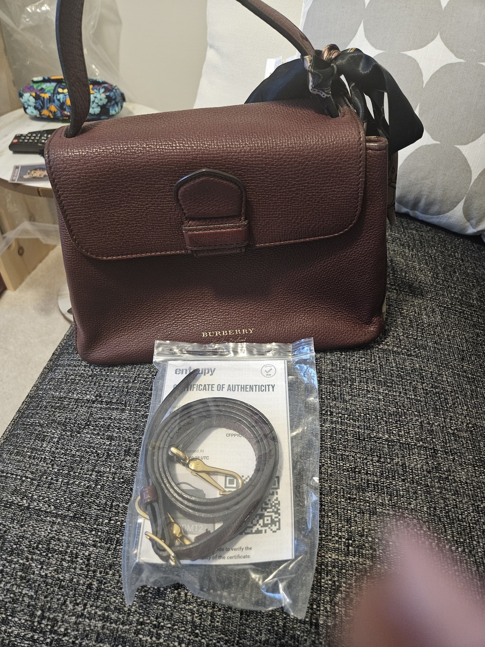 Burberry Maroon Leather Top-Handle Crossbody With COA